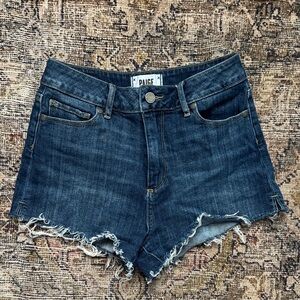 PAIGE Dark Blue Distressed High-Rise Denim Shorts